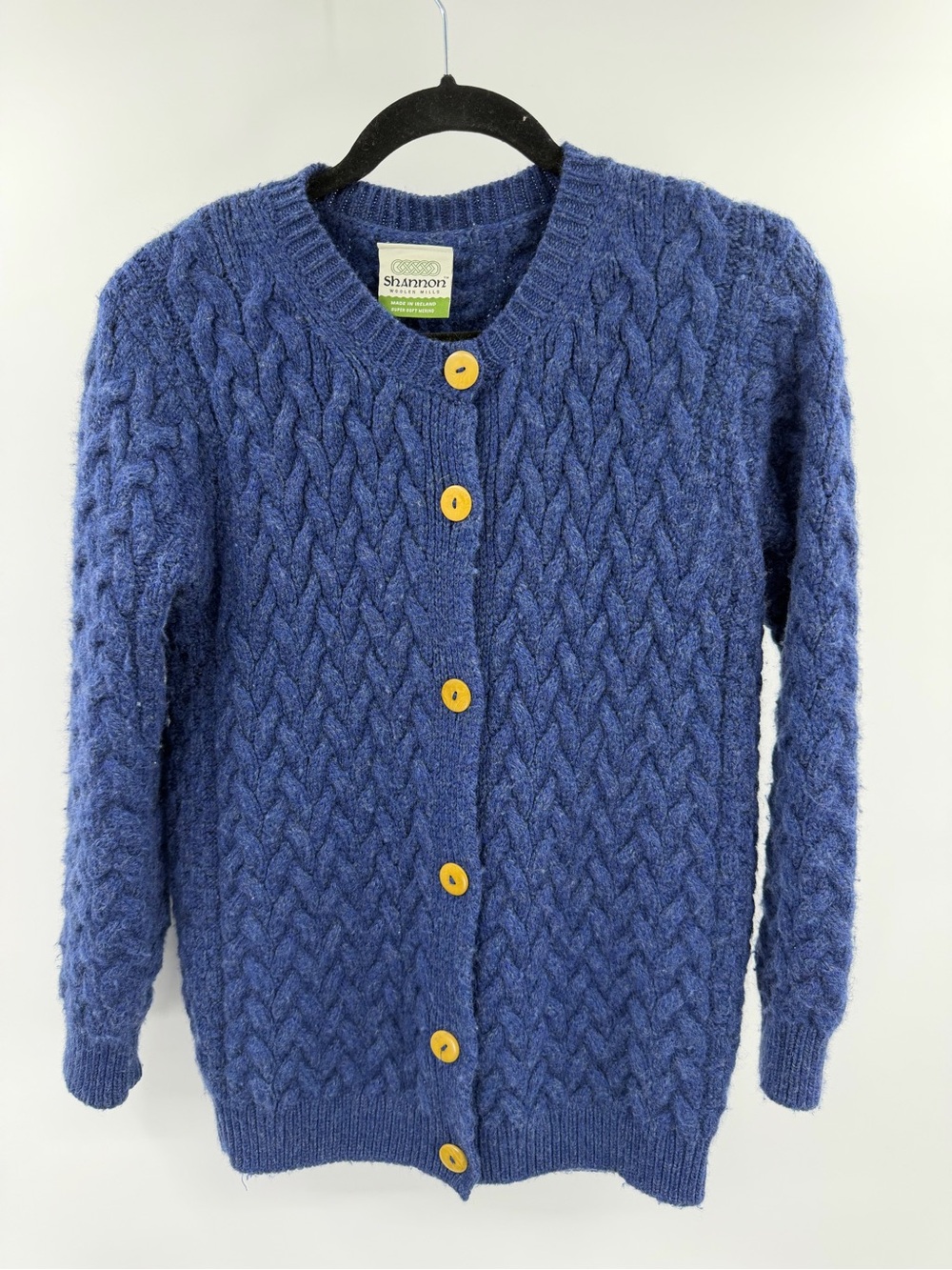 Shannon Woolen Mills Super Soft Merino Blue Cable-Knit Button Cardigan Sweater S